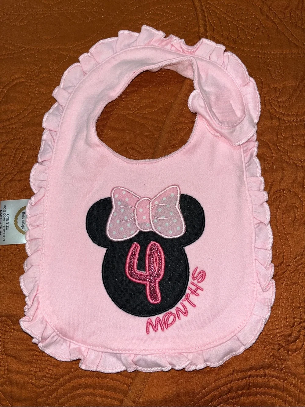 White Baby Bib with Pink Minnie Bow MONTHLY Embroidery